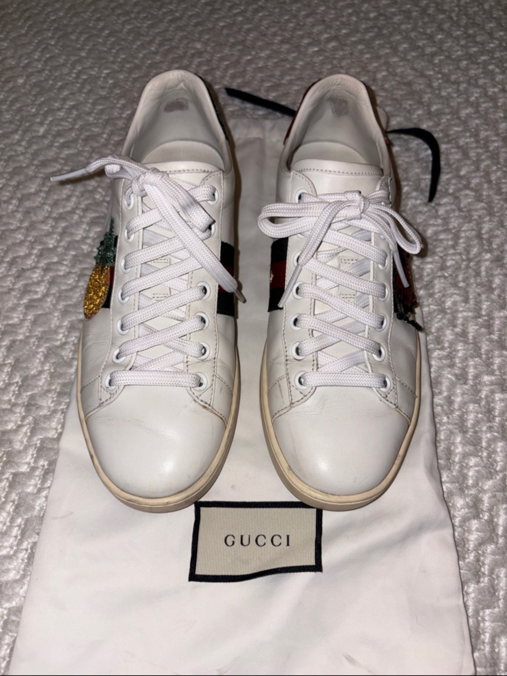 Gucci White Leather Ace Sneakers with Embroidered Bee & Web Stripe